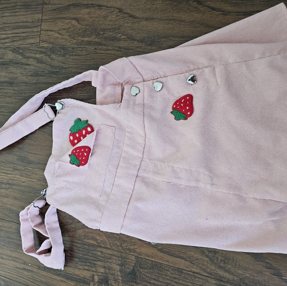 Kids pink overalls with strawberry